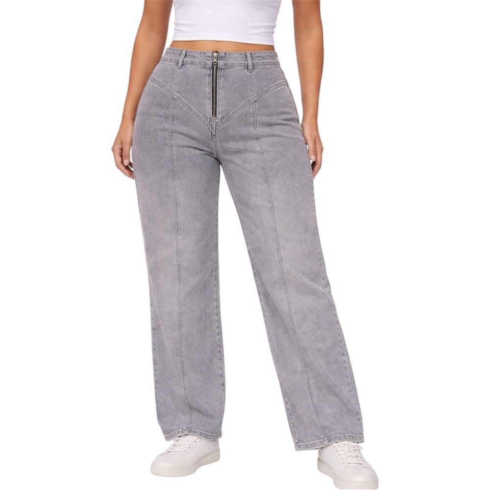 ZARA Gray Straight Leg Jeans Women’s 12 High Rise Front Zip Seam Bareback Retro